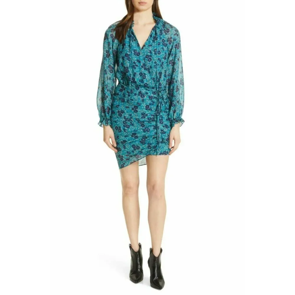 Veronica Beard Teal Navy Floral Chiffon Long Sleeve Midi Dress 4 - Picture 2 of 12